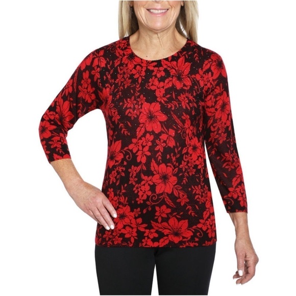 Rebecca Malone Crew Neck 3/4 Sleeve Winter Style Poinsettia Floral Sweater - Picture 1 of 8